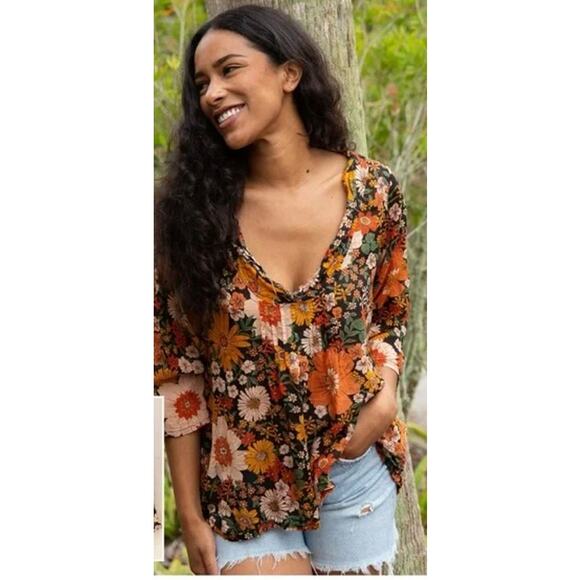 Natural Life Floral Print Cotton 3/4 Sleeve V-Neck Blouse Top Brown Women's L/XL - Picture 2 of 12